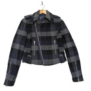 American Eagle Y2K Moto Jacket Womens M Blue Gray Plaid Edgy Grunge Rock